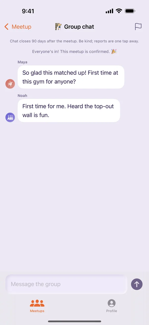 Pheelo group chat for a bouldering meetup, with Maya and Noah saying hello
