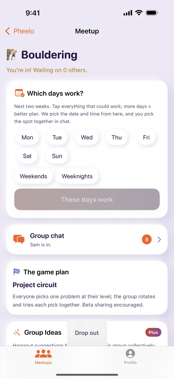 Pheelo meetup screen asking which days work, with weekday and weekend options